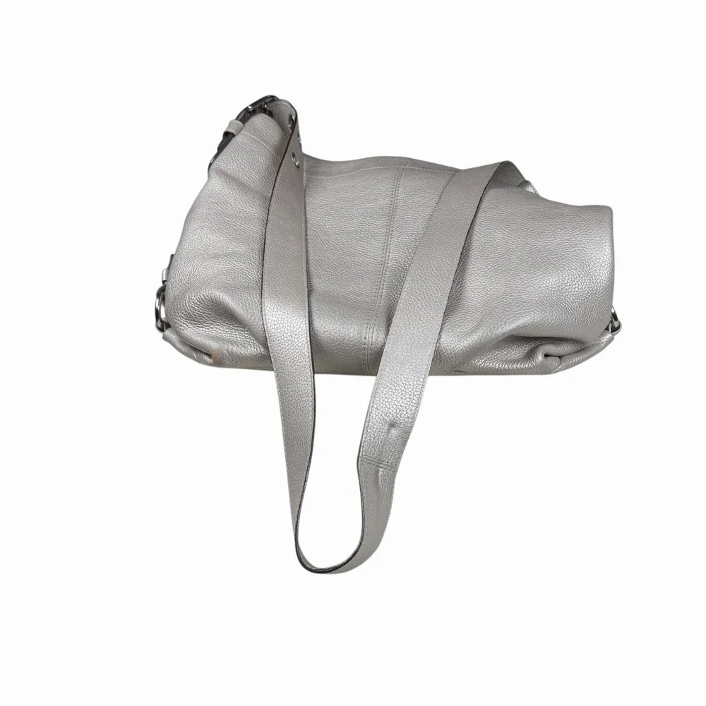 Coach Metallic Silver Peebled Leather Hobo Duffle Crossbody Shoulder‎ Bag F15064